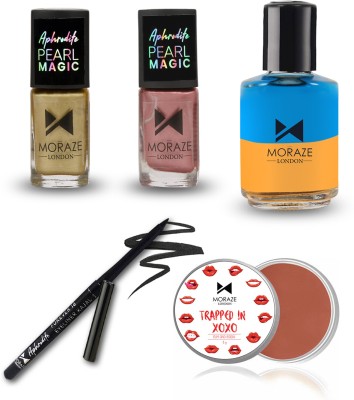 MORAZE Nail Polish (Glam Goddess & Pink Glam) - 8.5 ML Each, 1 Kajal, 1 Lip Balm (Rum & Raisin) - 8 GM, with 1 Nail Paint Remover - 30 ML Combo Pack(3 Items in the set)