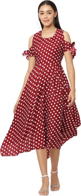 Muskan Enterprises Women Fit and Flare Maroon, White Dress