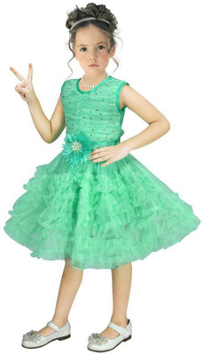 Samshil Fashion Girls Midi/Knee Length Party Dress(Green, Sleeveless)