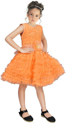 Samshil Fashion Girls Midi/Knee Length Party Dress(Orange, Sleeveless)