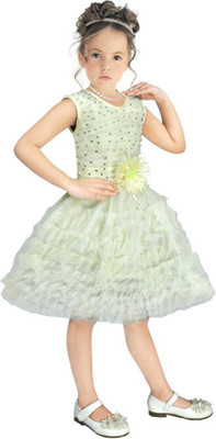 Samshil Fashion Girls Midi/Knee Length Party Dress(Light Green, Sleeveless)