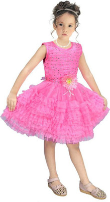 Samshil Fashion Girls Midi/Knee Length Party Dress(Pink, Sleeveless)