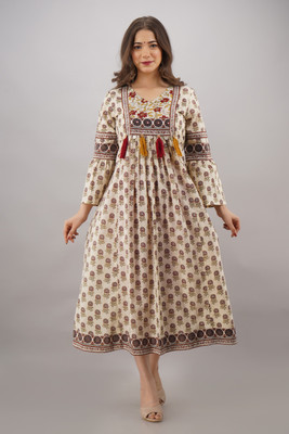 Myaza Women Floral Print Anarkali Kurta(Beige)