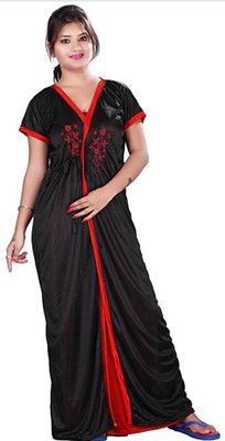 Nandya Women Nighty with Robe(Black, Red)