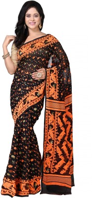 crochetin Woven Jamdani Cotton Blend Saree(Black, Orange)