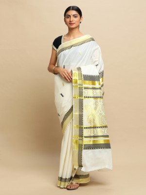 Manvish Drapes Temple Border, Woven Kasavu Pure Cotton Saree(White)