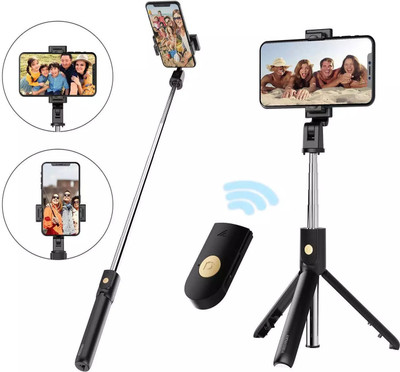 Headrick Bluetooth Extendable Wireless Remote Stand 3-in-1 Multifunctional Selfie Stick Tripod, Tripod Kit, Tripod Bracket(Black, Supports Up to 500 g)