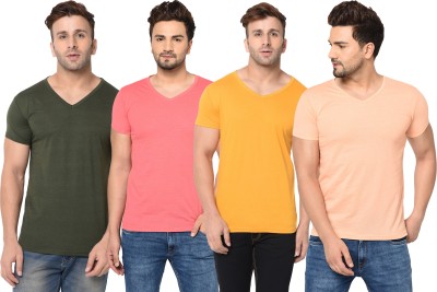 Jangoboy Solid Men V Neck Green, Pink, Orange, Yellow T-Shirt