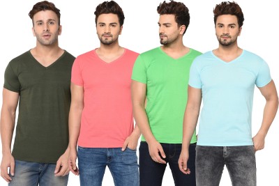 Adorbs Solid Men V Neck Light Blue, Green, Pink, Light Green T-Shirt