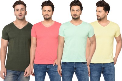 Tivy Solid Men V Neck Green, Pink, Light Green, Yellow T-Shirt