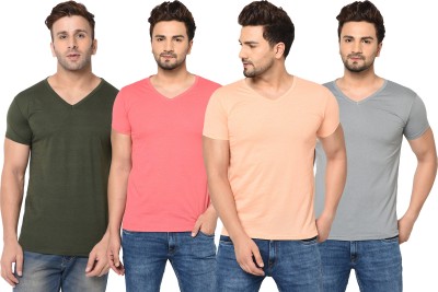 Tivy Solid Men V Neck Green, Pink, Orange, Grey T-Shirt