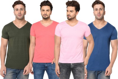 Jangoboy Solid Men V Neck Dark Blue, Dark Green, Pink T-Shirt