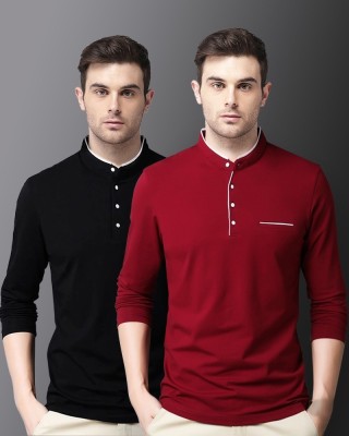 EyeBogler Solid Men Henley Neck Red, Black T-Shirt