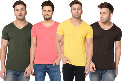 Jangoboy Solid Men V Neck Green, Brown, Pink, Yellow T-Shirt
