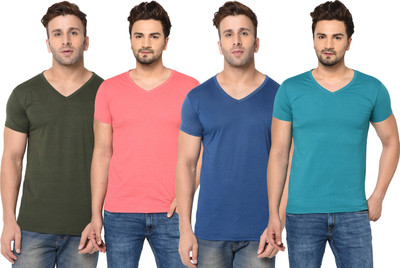 Jangoboy Solid Men V Neck Green, Blue, Pink T-Shirt