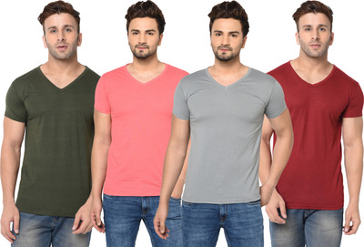 Adorbs Solid Men V Neck Green, Maroon, Pink, Grey T-Shirt