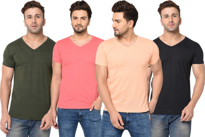 Jangoboy Solid Men V Neck Green, Pink, Black, Orange T-Shirt