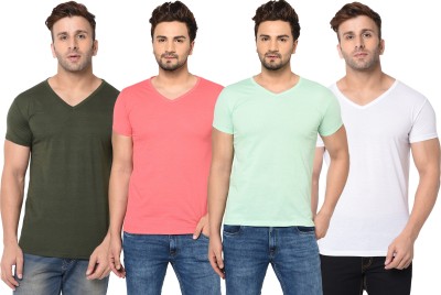 Tivy Solid Men V Neck Green, White, Pink, Light Green T-Shirt