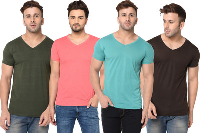 Jangoboy Solid Men V Neck Green, Brown, Pink T-Shirt