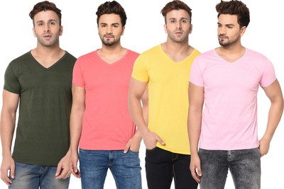 Jangoboy Solid Men V Neck Green, Pink, Yellow T-Shirt