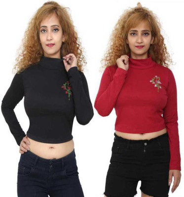 Christone Casual Embroidered, Solid Women Maroon, Black Top