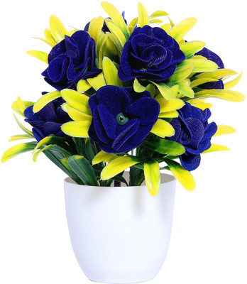 NERAPI Blue, Yellow Rose Artificial Flower  with Pot(7 inch, Pack of 1, Flower with Basket)