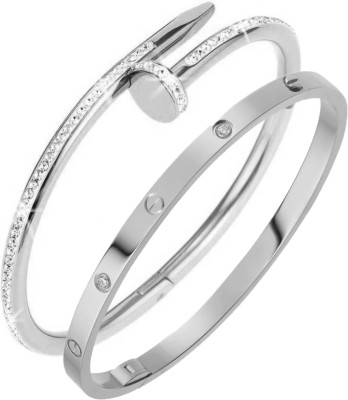 MYKI Stainless Steel Cubic Zirconia Silver Bracelet(Pack of 2)