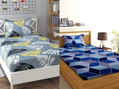 Decent Home 220 TC Microfiber Single Geometric Flat Bedsheet(Pack of 2, Blue, Gray)