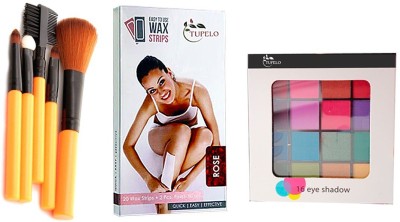 TUPELO Combo pack of 5 royal quality fashiona make up brushes for women & one box waxing strips Face & Underarm (Rose ) strips Wax (20 strips +2) finish wipes & high quality 16 color eyeshadow palette for women(3 Items in the set)