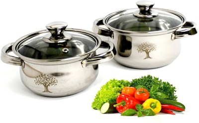 SQUARO ONLINE STORE High Grade Stainless Steel Dutch Oven With Toughen Glass Lid Induction & Gas Stove Friendly Cookware and Serveware Handi Set with Toughen Glass Lids Saucepan set( Pack Of 2 Pcs., Capacity-1000 ML and 1500 ML) Induction Bottom Non-Stick Coated Cookware Set(Stainless Steel, 2 - Pie