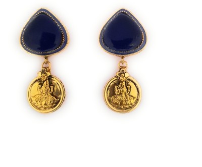 Preet Art Jewellery Antique Gold Plated Oxidised Blue Colour Stones Meenakari Laxmi motif Temple Long Earrings Crystal Brass, Stone, Enamel Drops & Danglers