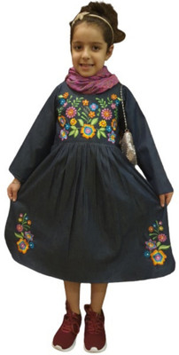 LA KASHA Girls Below Knee Casual Dress(Blue, Full Sleeve)