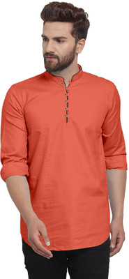 VTEXX Men Solid Straight Kurta(Orange)
