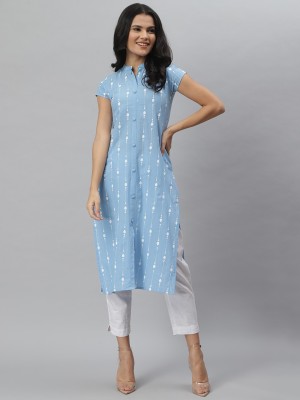 Made In Desi Women Geometric Print Straight Kurta(Light Blue, White)