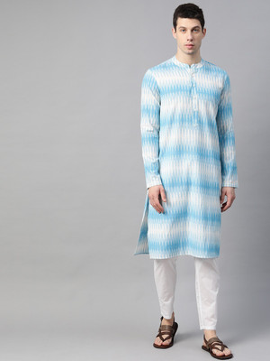 See Designs Men Ikat Straight Kurta(White, Blue)