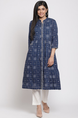 BIBA Women Printed A-line Kurta(Blue)