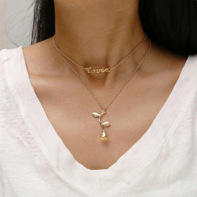 Vembley Pretty Gold Plated Double Layered Love and Rose Pendant Necklace Gold-plated Plated Alloy Layered