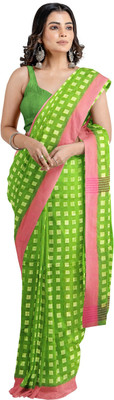 Sandhyatara Checkered Daily Wear Pure Cotton Saree(Light Green)