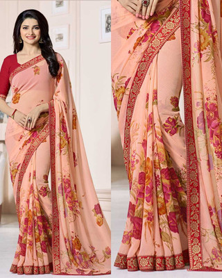 Classic Selection Floral Print Bollywood Georgette Saree(Orange)