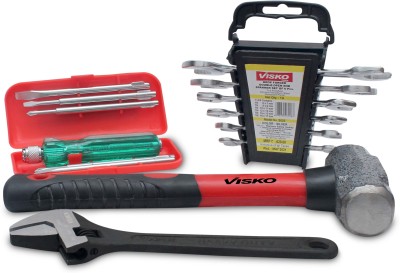 VISKO 818 Hand Tools Combo With Screwdriver Kit (Red,6-Pieces) and Phosphate Finish Single Sided Open End Wrench (Pack of 1), Doe Spanner Set (Silver, 8-Pieces), Sledge Hammer (1.1 kg) Combination Screwdriver Set(Pack of 4)