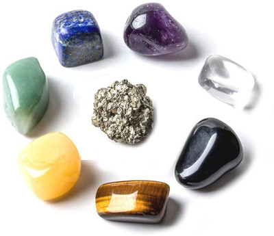 AIR9999 Seven Chakra Gemstone Crystals Tumbled Set with Golden Pyrite Rough Chunk for Reiki Healing & Grid Making Decorative Showpiece  -  2 cm(Crystal, Multicolor)