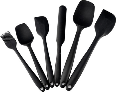 BHAVI CREATION Silicone Spatula Set 6 Piece Sets of Baking Tools Stainless Steel Core Scratch Free Heat Resistant Silicone Scraper Shovel for Cooking, Baking and Mixing (Black 6) Non-Stick Spatula(Pack of 1)