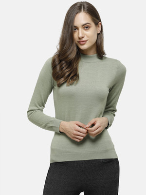 98 Degree North Solid Crew Neck Casual Women Green Sweater