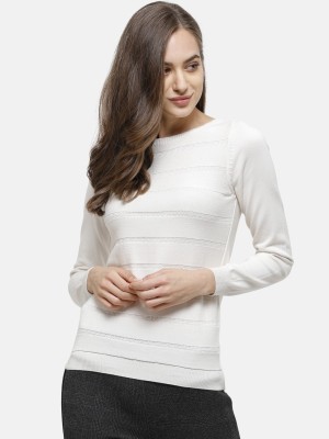 98 Degree North Self Design Round Neck Casual Women White Sweater