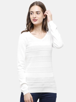 98 Degree North Self Design V Neck Casual Women White Sweater