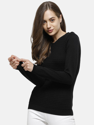 98 Degree North Self Design Round Neck Casual Women Black Sweater