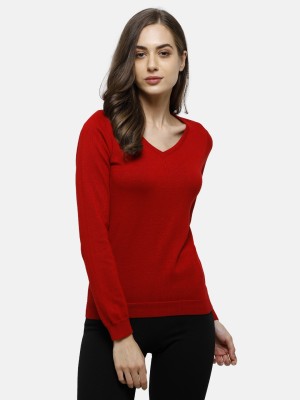 98 Degree North Solid V Neck Casual Women Red Sweater