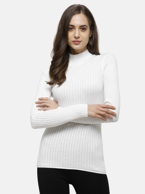 98 Degree North Self Design High Neck Casual Women White Sweater