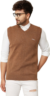 KVETOO Colorblock V Neck Casual Men Brown Sweater