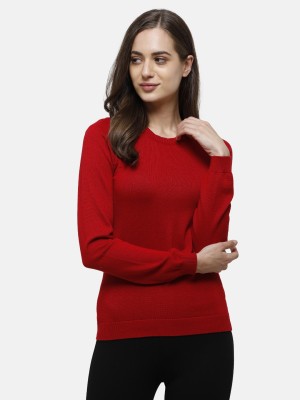 98 Degree North Solid Round Neck Casual Women Red Sweater